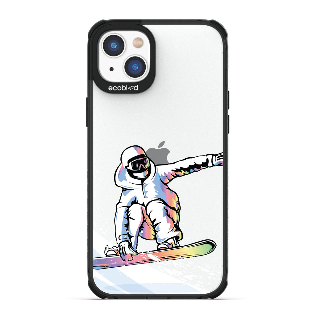 Winter Collection - Black Eco-Friendly iPhone 14 Case - A Snowboarder Jumps While Holding The Board On A Clear Back