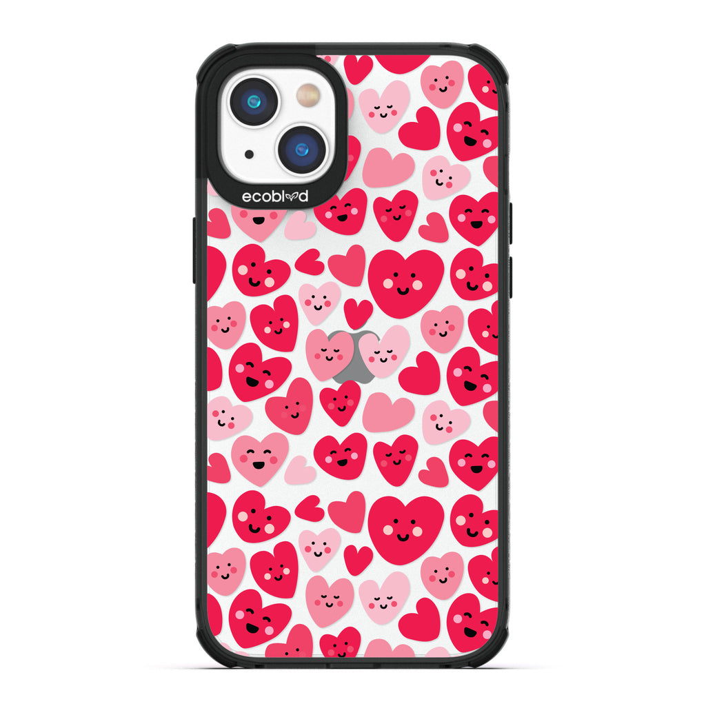 Love Collection - Black Compostable iPhone 14 Case - Pink & Red Smiling Cartoon Hearts On A Clear Back