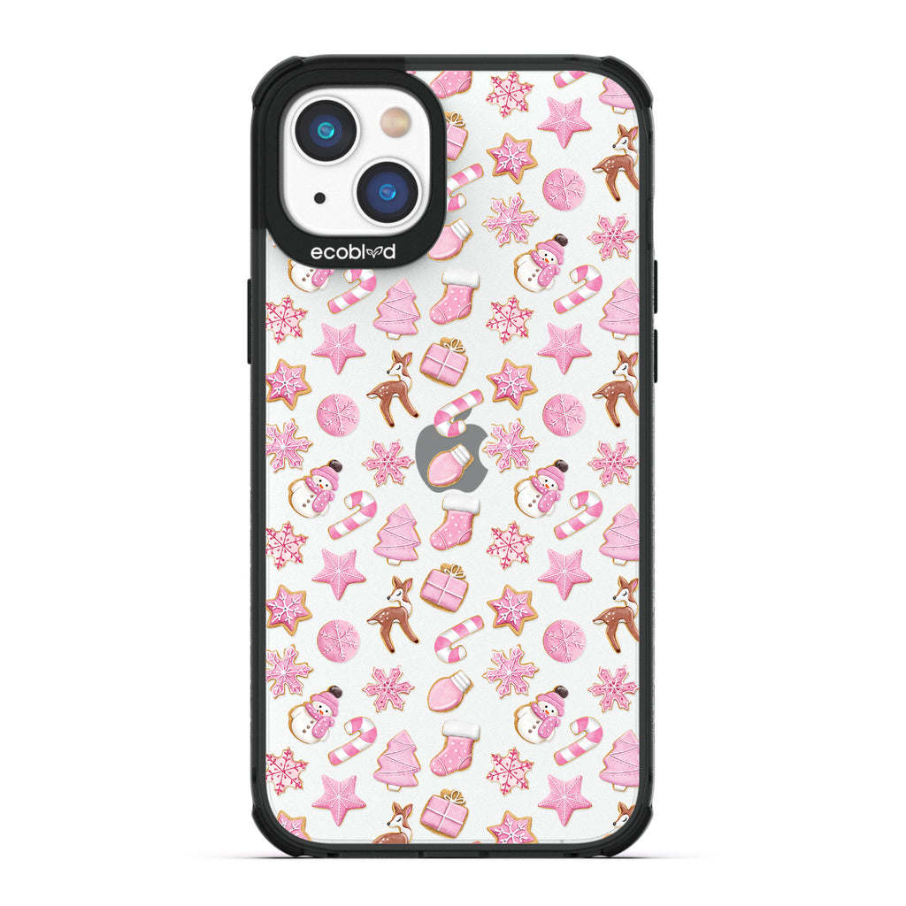 Winter Collection - Black Laguna Eco-Friendly iPhone 14 Plus Case With Various Pink Holiday-Themed Cookies On A Clear Back