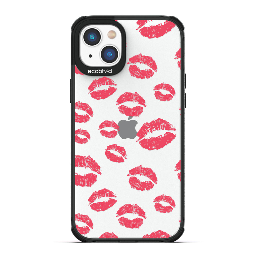 Love Collection - Black Compostable iPhone 14 Case - Multiple Red Lipstick Kisses On A Clear Back