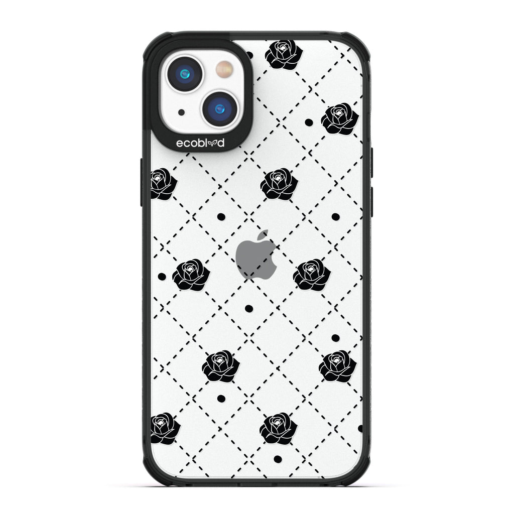 Love Collection - Black Compostable iPhone 14 Case - Argyle Print, Black Dots & Black Roses On A Clear Back
