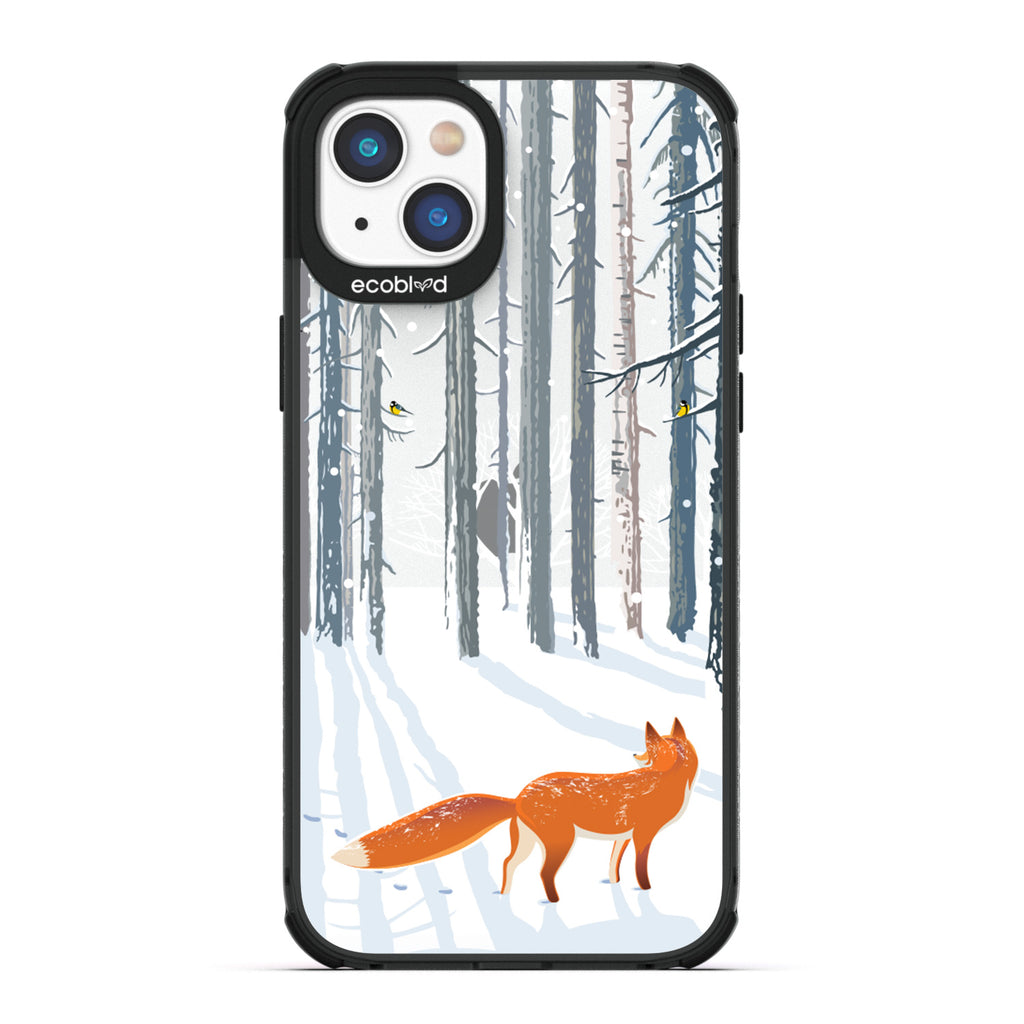 Winter Collection - Black Compostable iPhone 14 Plus Case - Orange Fox Trails Pawprints In Snowy Woods On A Clear Back