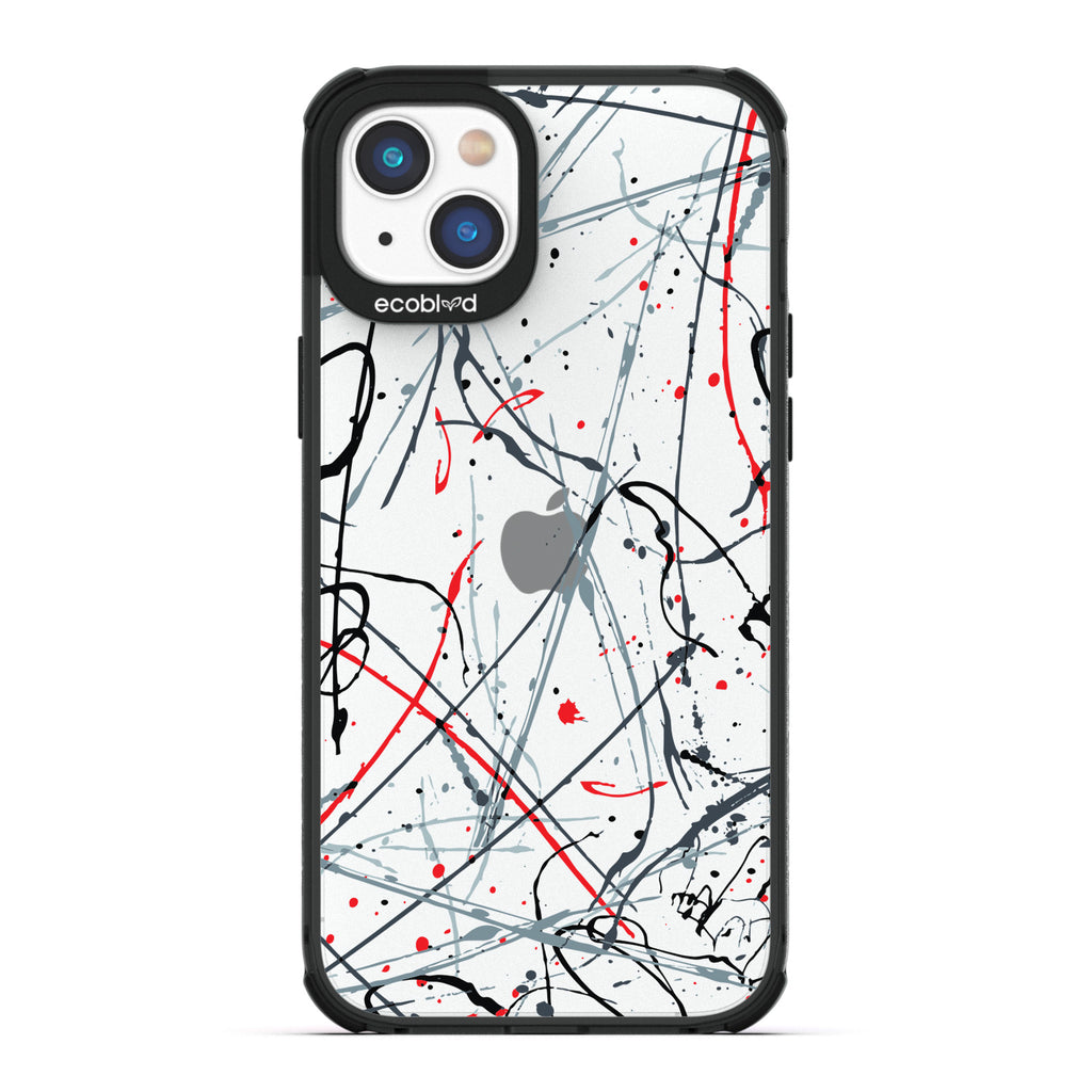 Contemporary Collection - Black Compostable iPhone 14 Plus Case - Black & Red Paint Splatter On A Clear Back