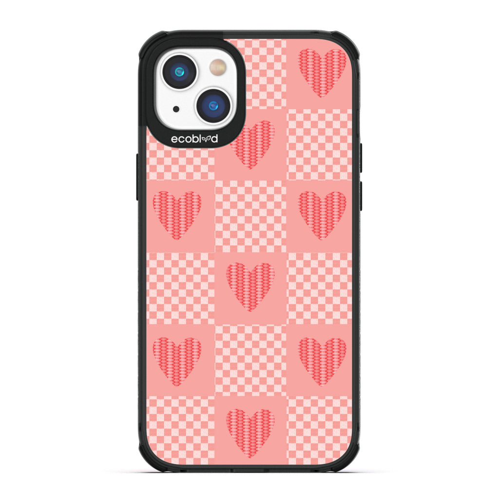 Love Collection - Black Compostable iPhone 14 Case - Gingham Print Of Chevron Squares & Sewn Hearts On A Clear Back