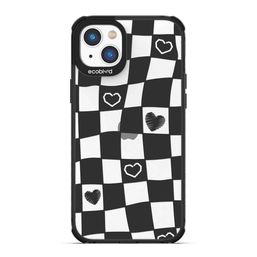 Love Collection - Black Compostable iPhone 14 Case - Wavy Checkered Print & Scribbled Hearts On A Clear Back