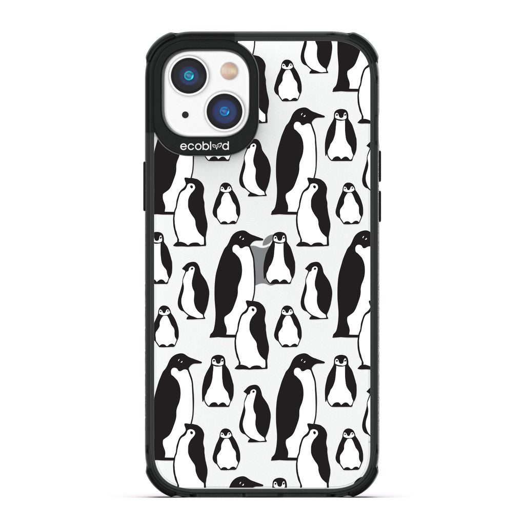Winter Collection - Black Laguna Eco-Friendly iPhone 14 Case With A Waddle Of Penguins On A Clear Back