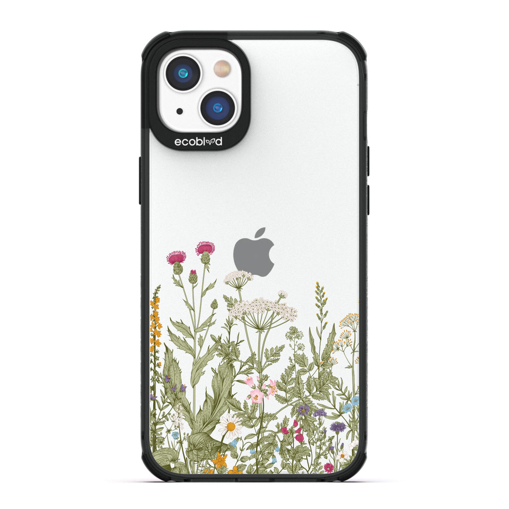 Spring Collection - Black Compostable iPhone 14 Plus Case - Wild Herbs & Flowers Botanical Herbarium On A Clear Back