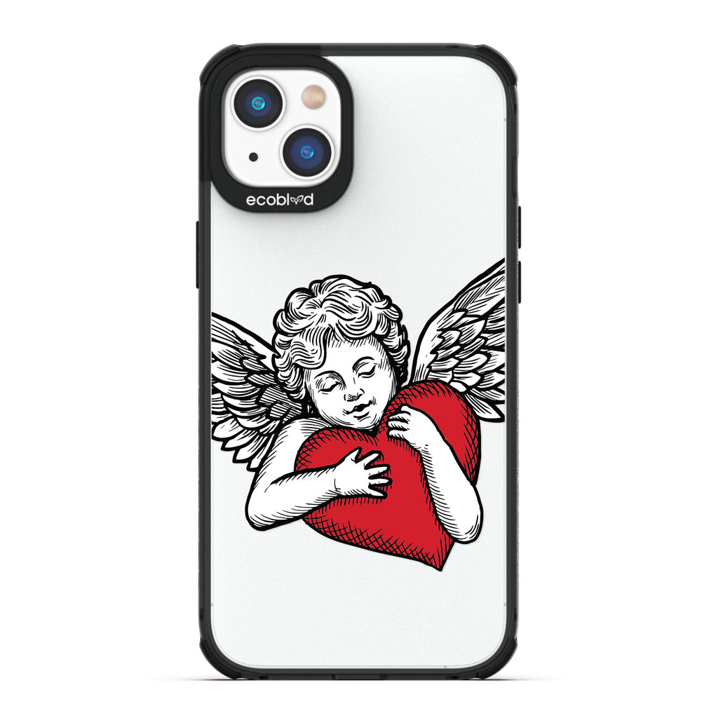 Love Collection - Black Compostable iPhone 14 Plus Case - Black & Grey Tattoo Style Cupid Holding Red Heart On A Clear Back