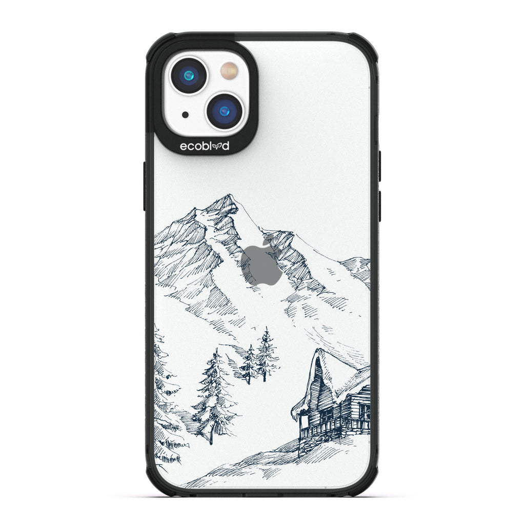 Winter Collection - Black Compostable iPhone 14 Case - Snowy Mountainside Wood Cabin On A Clear Back