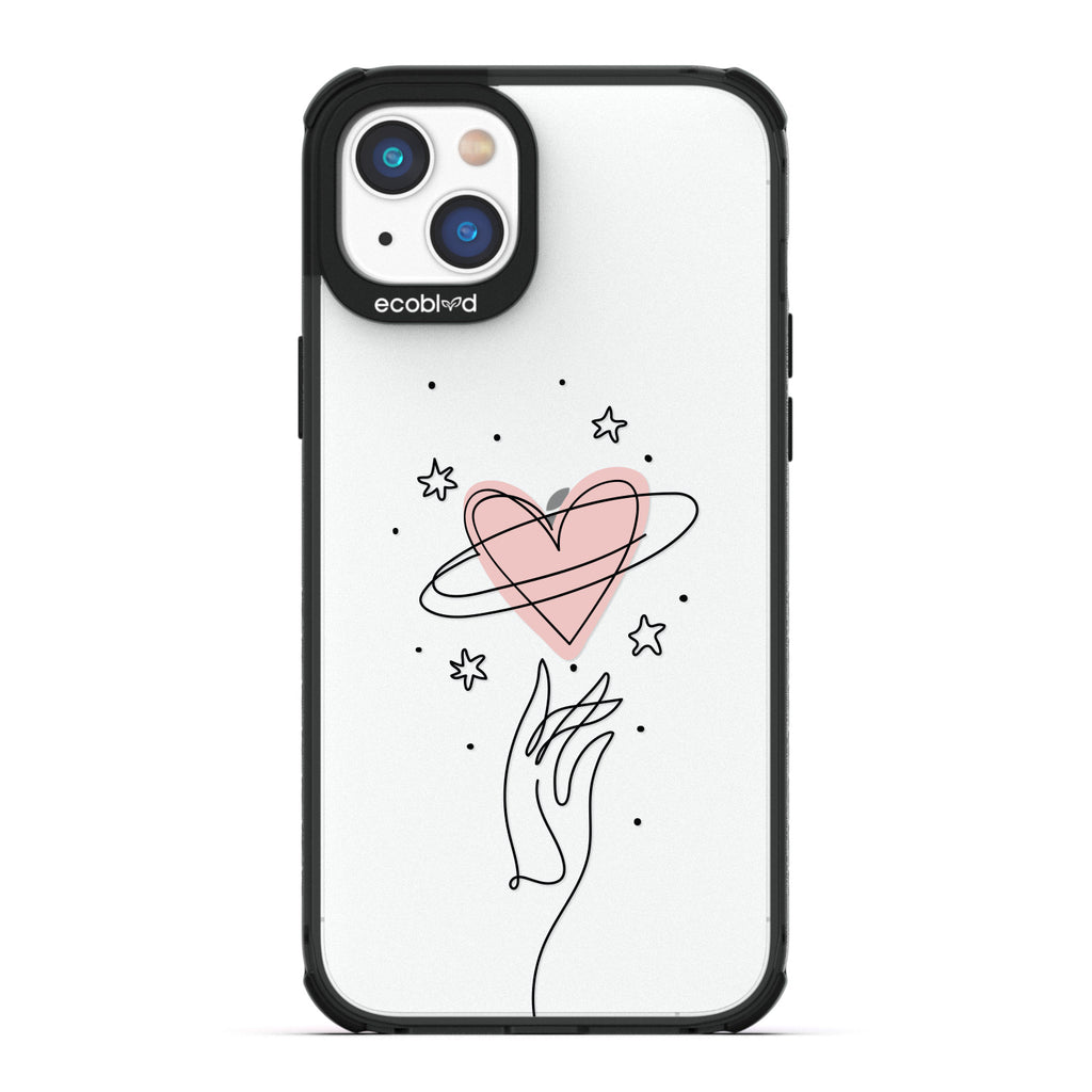 Be Still My Heart - Black Compostable iPhone 14 Plus Case - Line Art Hand Reaching Out For Pink Heart, Stars On A Clear Back
