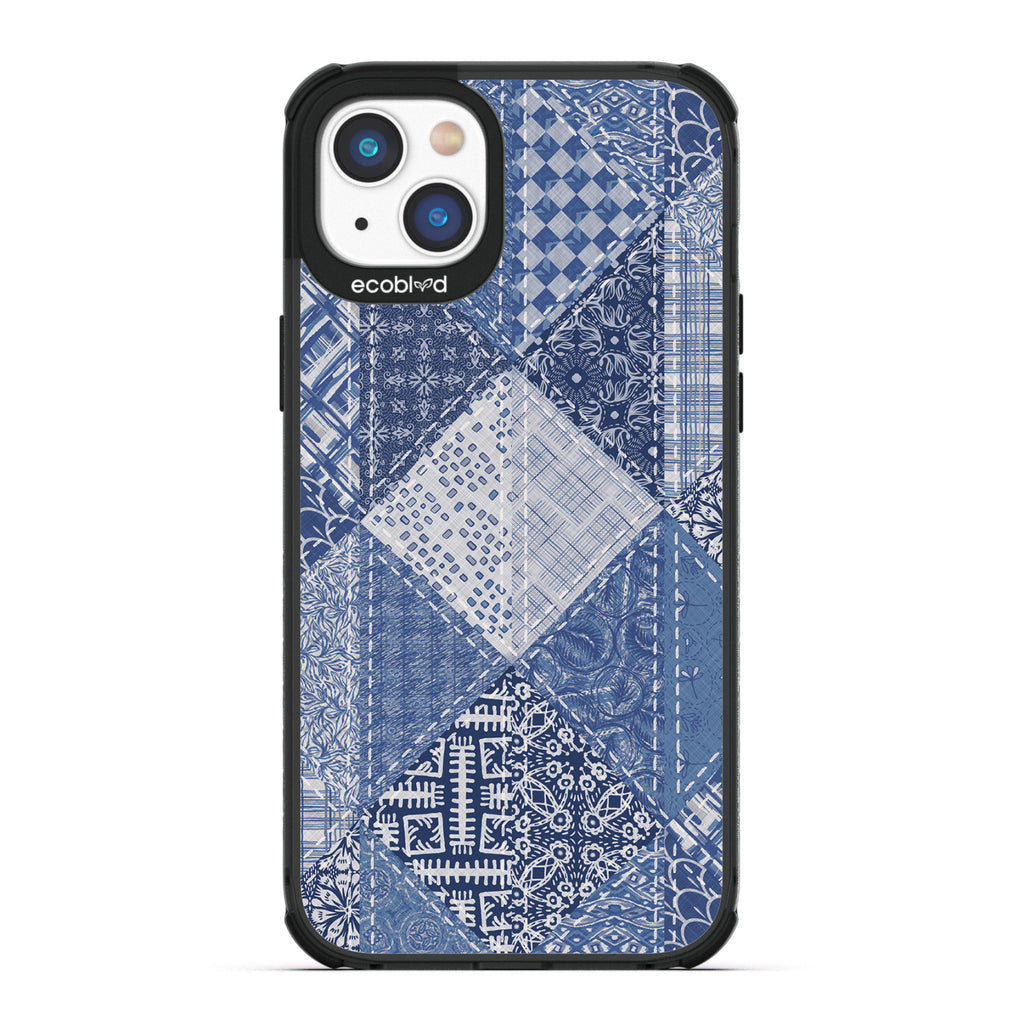 Spring Collection - Black Compostable iPhone 14 Plus Case - Patchwork Blue Denim With Paisley Patches On A Clear Back