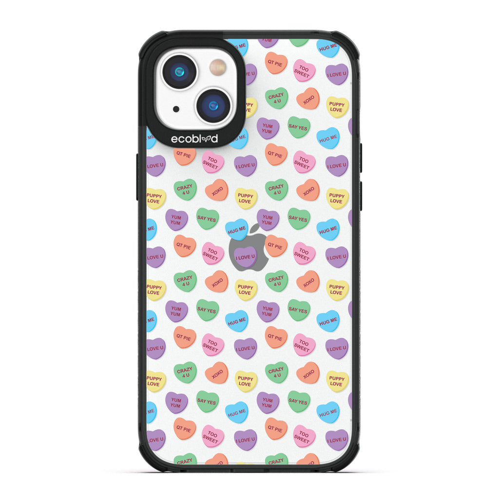 Love Collection - Black Compostable iPhone 14 Case - Pastel Candy Hearts With Romantic Quotes On A Clear Back