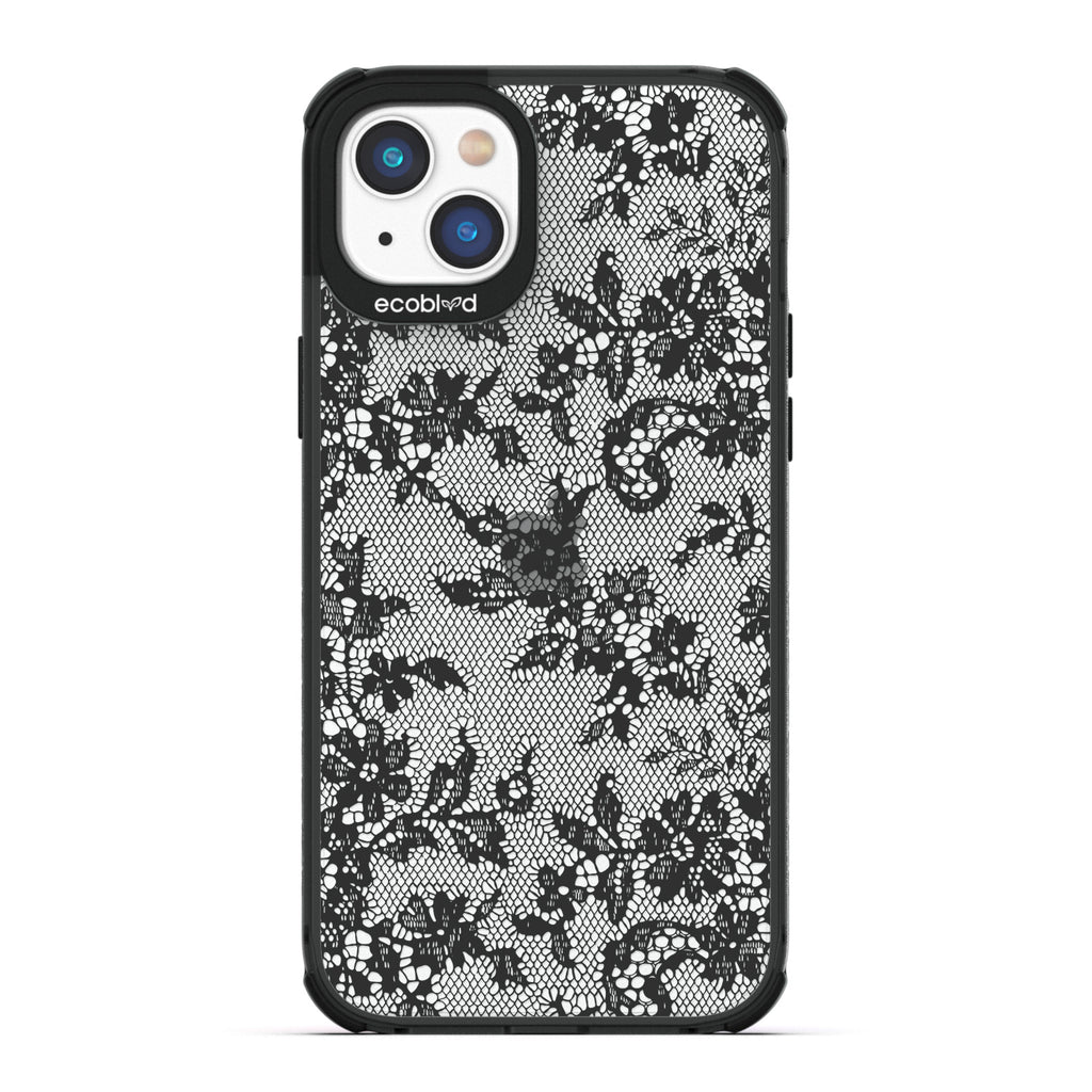 Spring Collection - Black Compostable iPhone 14 Case - French Chantilly Floral Lace Trim On Clear Back