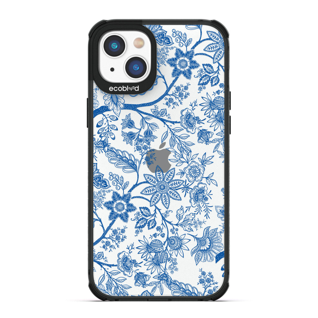 Timeless Collection - Black Laguna Eco-Friendly iPhone 14 Plus Case With Blue Toile De Jouy Floral Pattern On A Clear Back