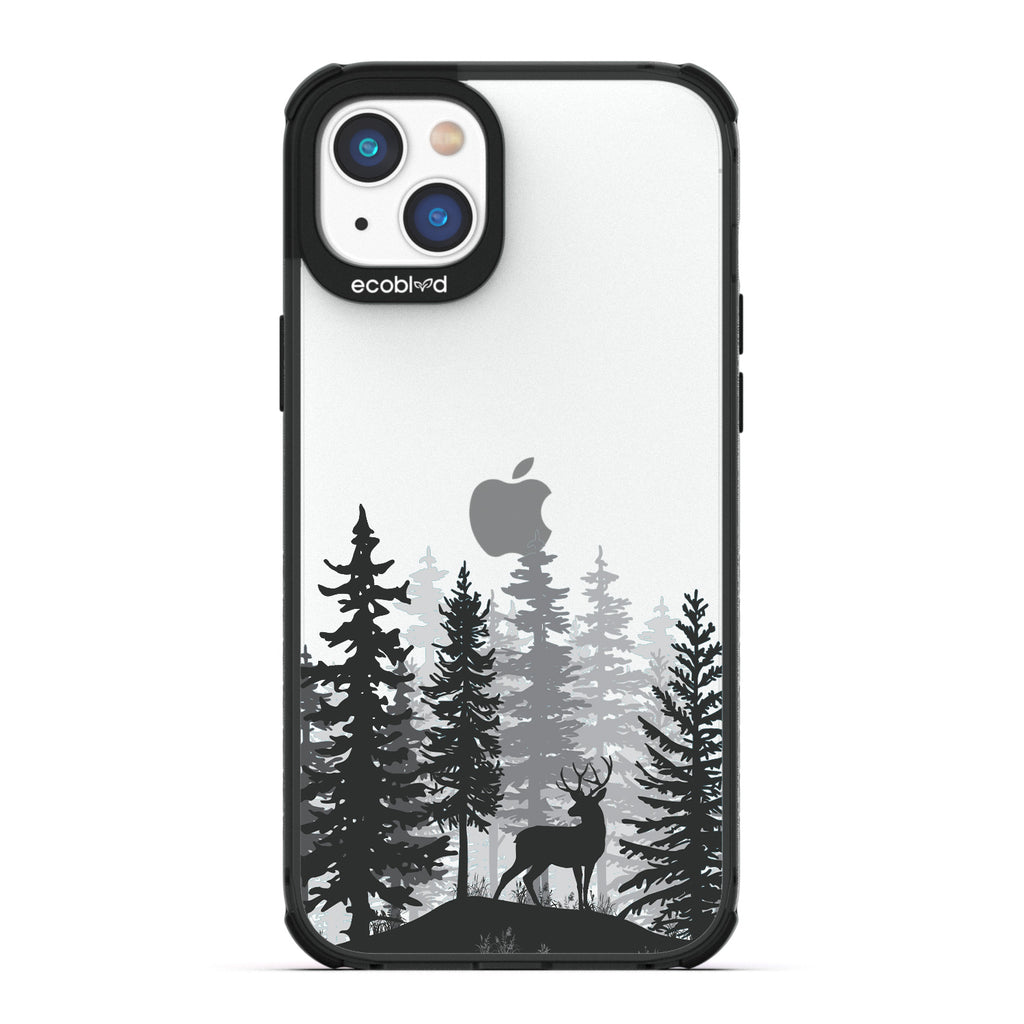 Winter Collection - Black Compostable iPhone 14 Case - Wild Stag Standing On Boulder In The Woods On Clear Back