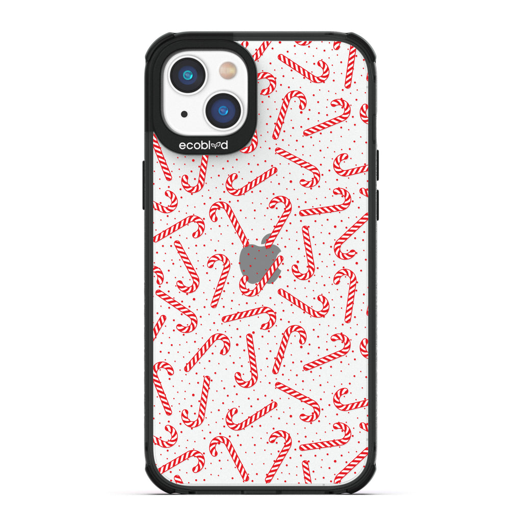Winter Collection - Black Laguna Eco-Friendly iPhone 14 Case With Red & White Candy Canes & Red Dots On A Clear Back