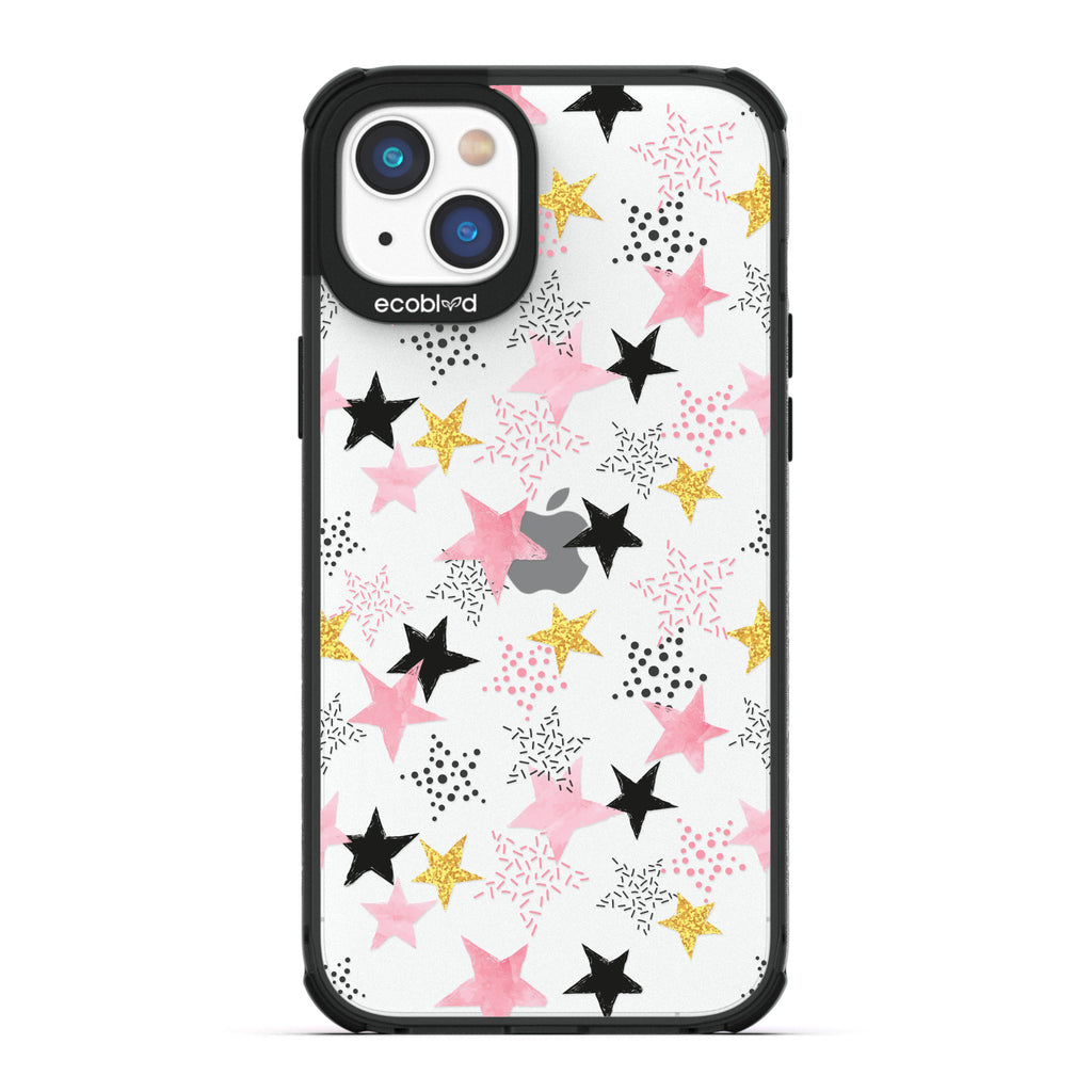 Winter Collection - Black Laguna iPhone 14 Plus Case With Pink, Black & Gold Stars Alternating Solid & Polka Dot Patterns