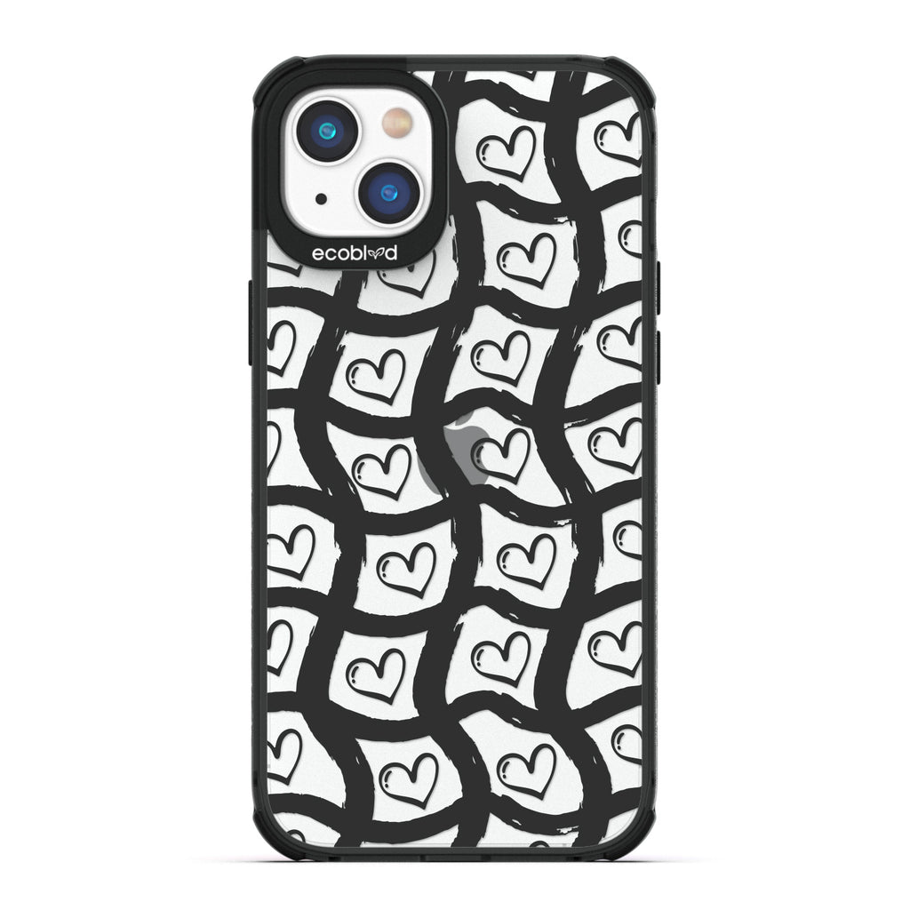 Love Collection - Black Compostable iPhone 14 Case - Wavy Paint Stroke Checker Print With Hearts On A Clear Back