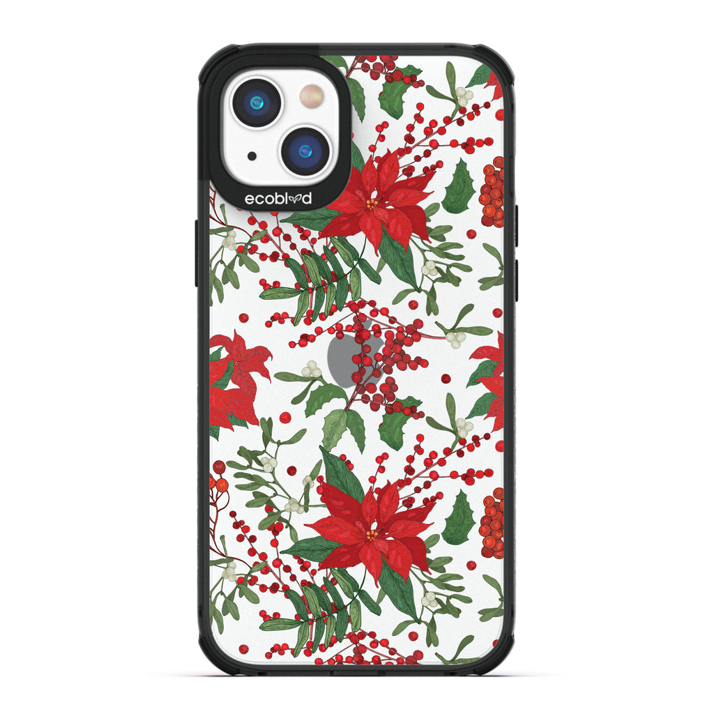 Winter Collection - Black Compostable iPhone 14 Case - Illustrated Poinsettia Floral Print On Clear Back