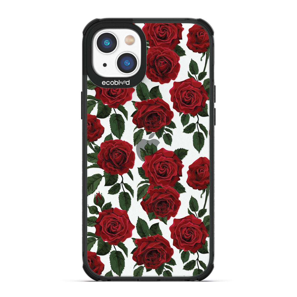 Love Collection - Black Compostable iPhone 14 Plus Case - Red Roses & Leaves On A Clear Back