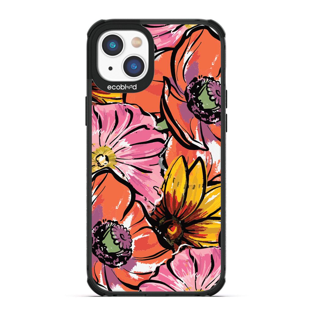 Spring Collection - Black Compostable iPhone 14 Plus Case - Watercolor Spring Flowers Painting On A Clear Back