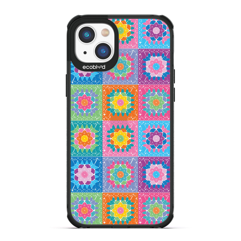 Spring Collection - Black Compostable iPhone 14 Plus Case - Pastel Vintage Granny Squares Crochet Pattern On A Clear Back
