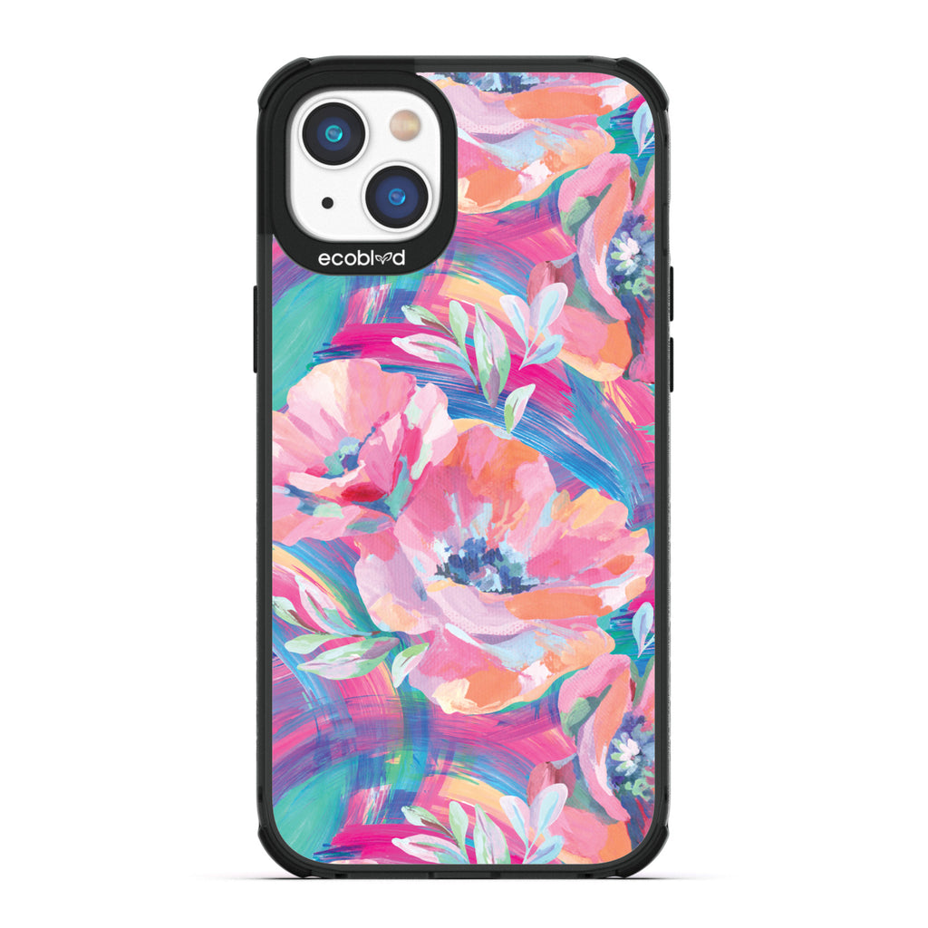 Spring Collection - Black Compostable iPhone 14 Case - Pastel-Colored Abstract Painting Of Poppies On Clear Back