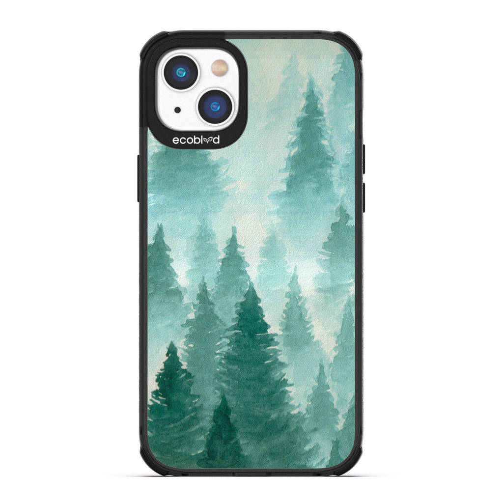 Winter Collection - Black Eco-Friendly Laguna iPhone 14 Plus Case With A Watercolor Pine Tree Forest On A Clear Back