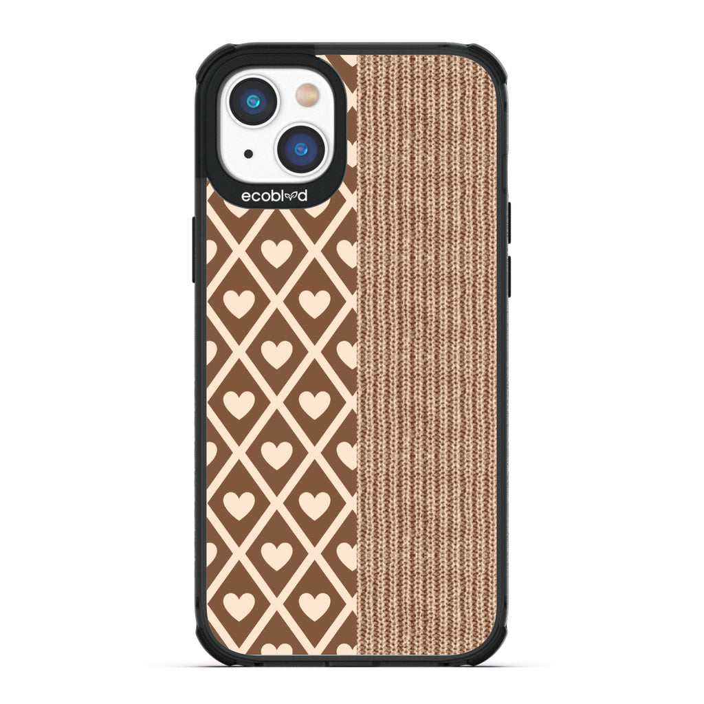 Love Collection - Black Compostable iPhone 14 Case - Left: Brown Argyle Print & Right: Sewn Fabric On A Clear Back
