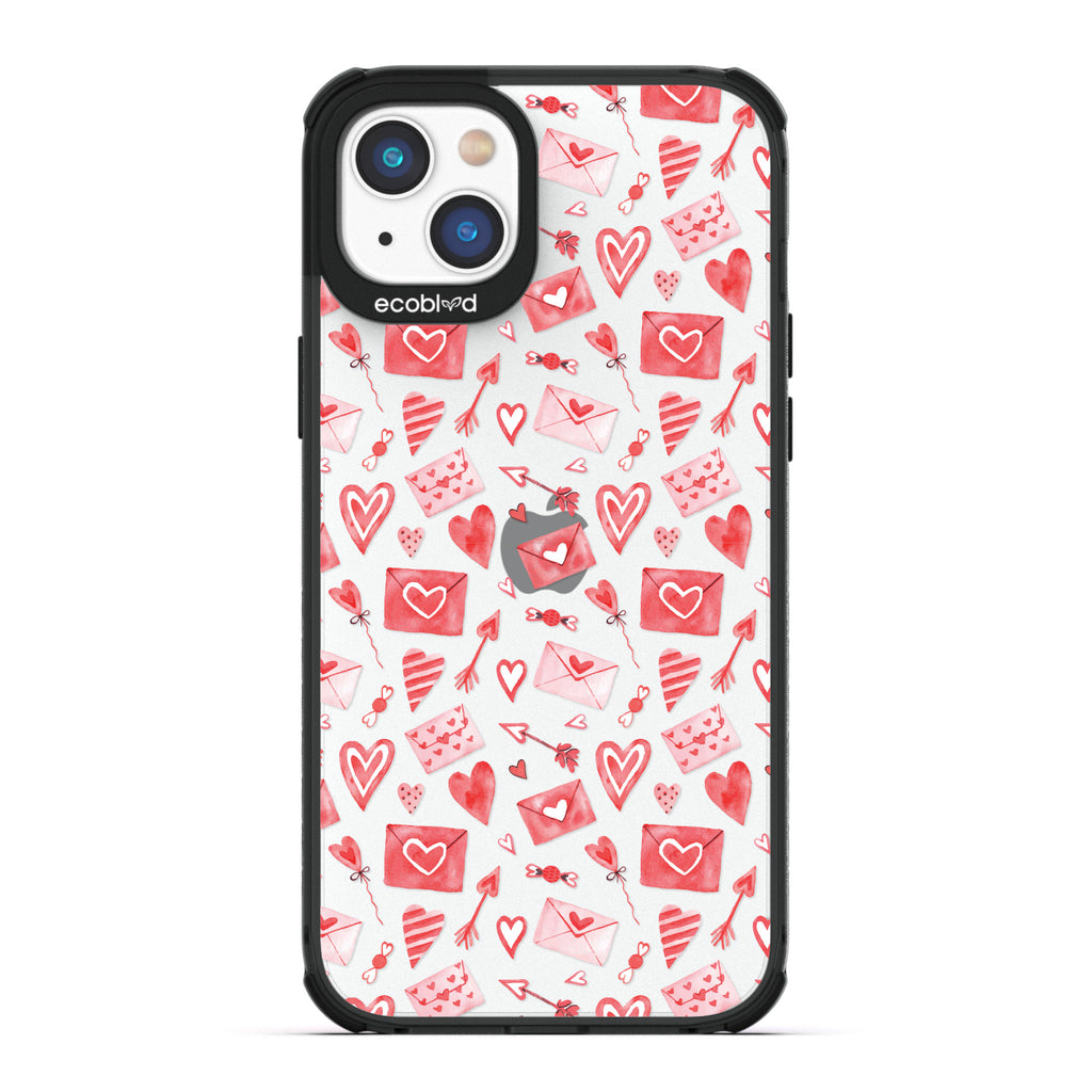 Love Collection - Black Compostable iPhone 14 Case - Red & Pink Love Letter Envelopes, Hearts & Arrows On Clear Back