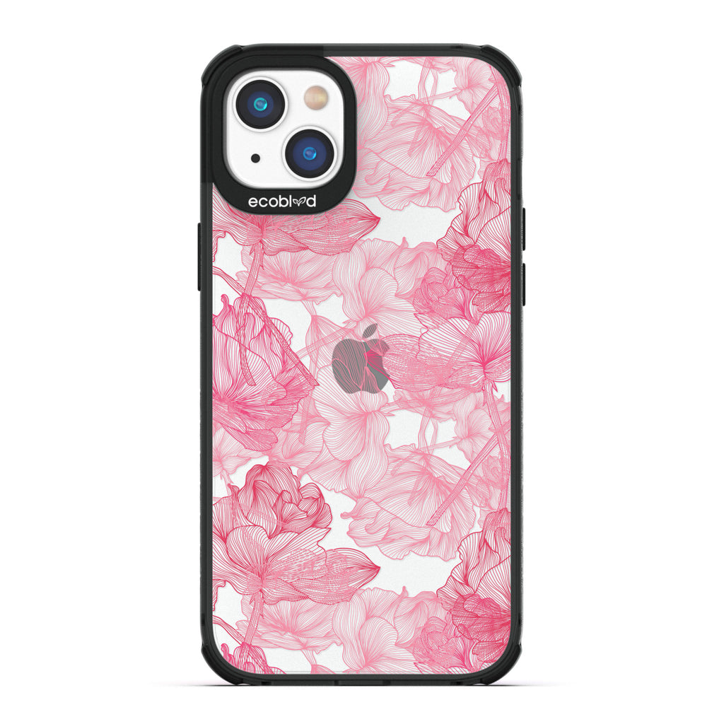 Blushed Pink - Black Compostable iPhone 14 Case - Pink Line Art Style Roses On A Clear Back