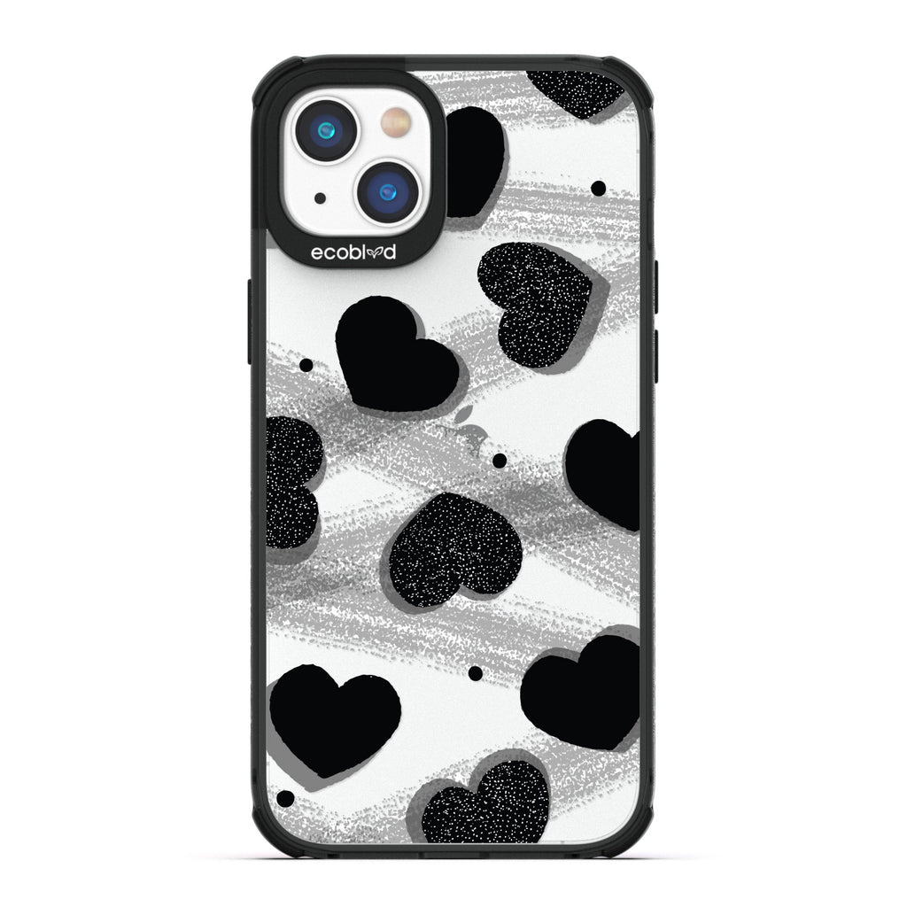 Love Collection - Black Compostable iPhone 14 Case - Silver Glitter Hearts, Dots, Grey Paint Strokes On A Clear Back
