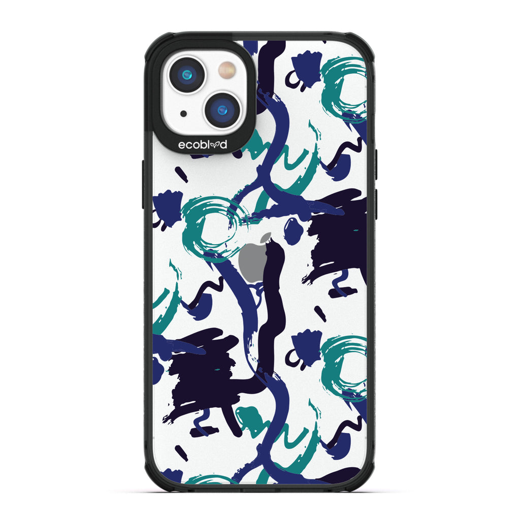 Contemporary Collection - Black Compostable iPhone 14 Plus Case - Blue, Black, Teal Abstract Paint Swirl On A Clear Back