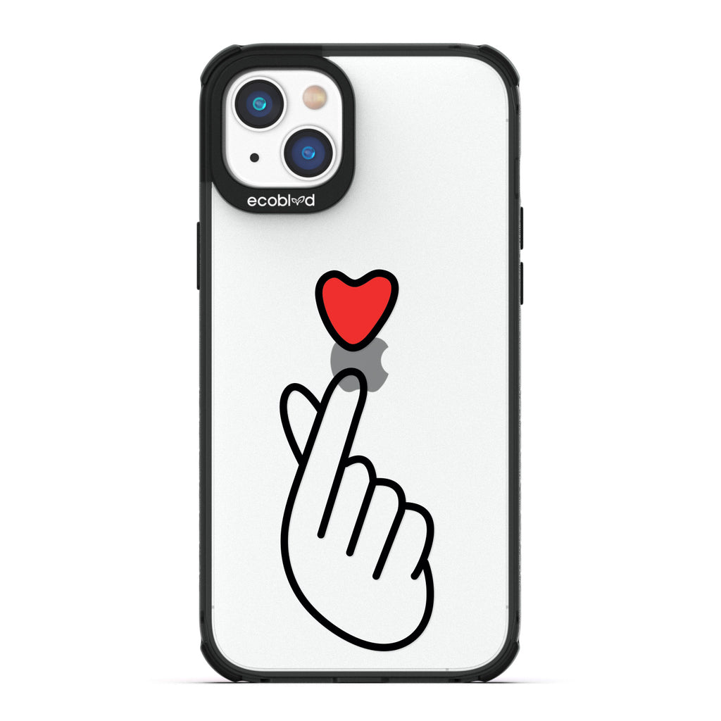 Love Collection - Black iPhone 14 Case - Red Heart Above Hand With Index Finger & Thumb Crossed On Clear Back