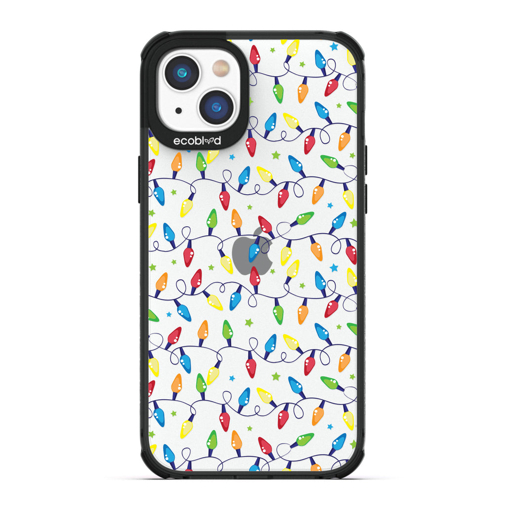 Winter Collection - Black Compostable Laguna iPhone 14 Plus Case With Multicolored Christmas Lights & Stars On A Clear Back