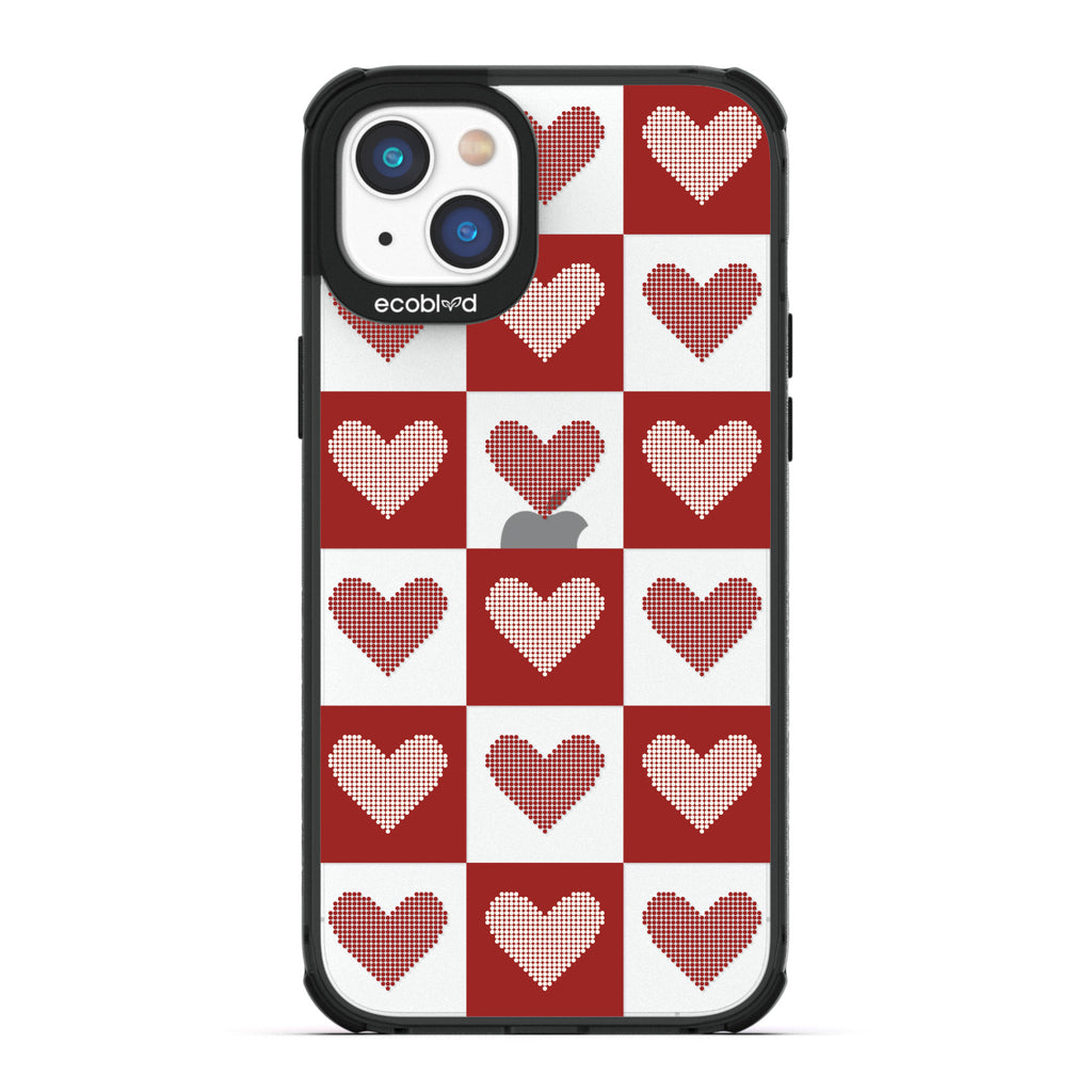 Love Collection - Black Compostable iPhone 14 Plus Case - Red Checkered Print With Knitted Hearts On A Clear Back