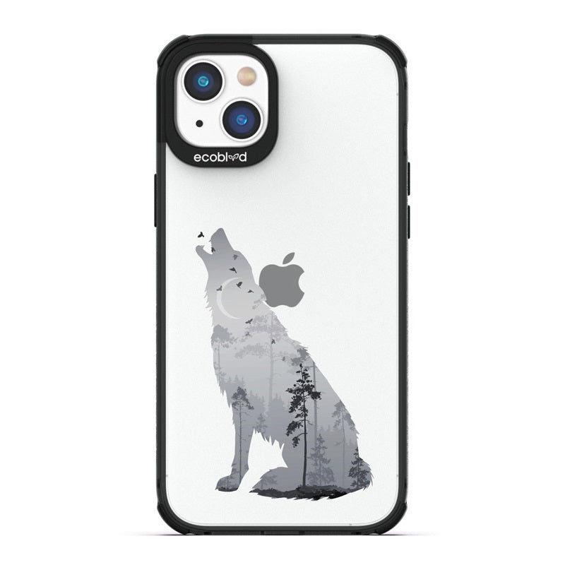 Laguna Collection - Black Eco-Friendly iPhone 14 Case With A Howling Wolf And Moonlit Woodlands Print On A Clear Back