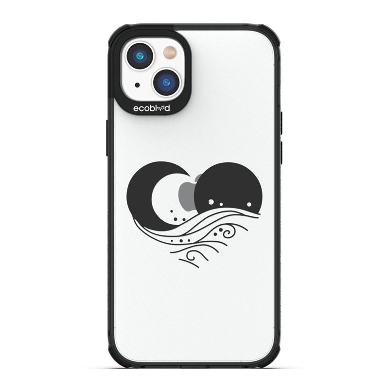 Laguna Collection - Black Eco-Friendly Apple iPhone 14 Case With The Sun, Moon & A Wave Forming A Heart On A Clear Back 
