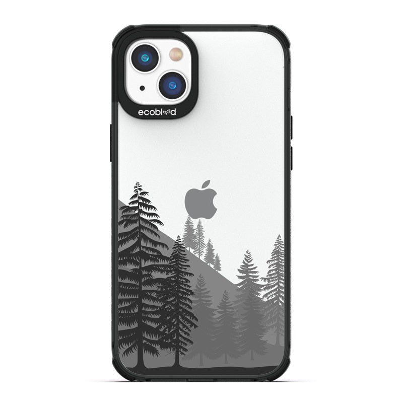 Laguna Collection - Black Eco-Friendly iPhone 14 Case With A Minimalist Mountainside Pine Tree Forest On A Clear Back