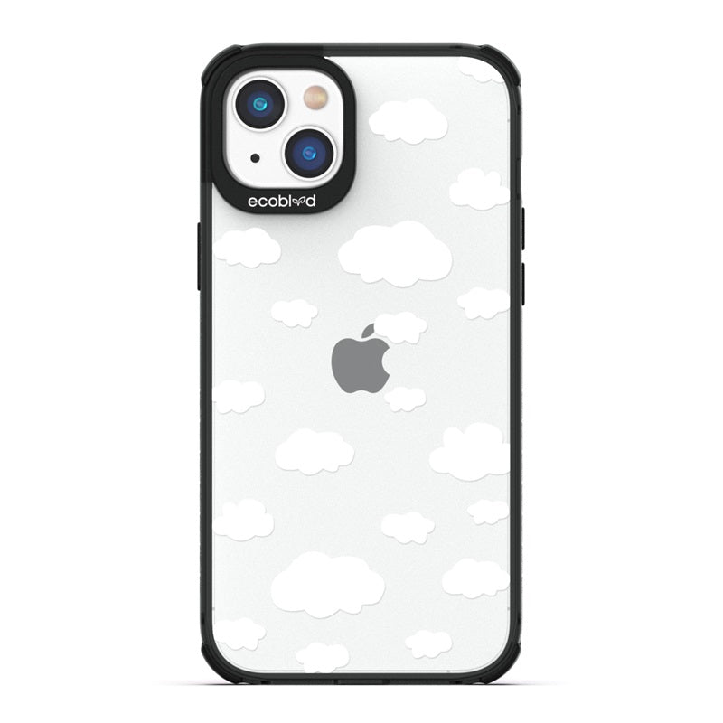 Laguna Collection - Black Eco-Friendly Apple iPhone 14 Case With A Fluffy White Cartoon Clouds Print On A Clear Back