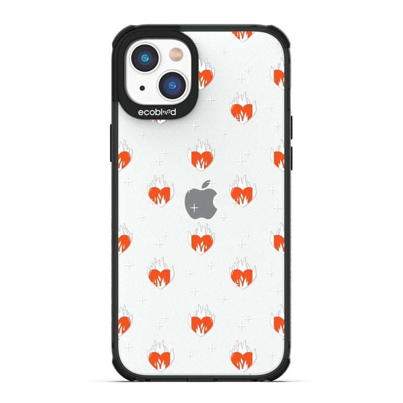 Laguna Collection - Black Eco-Friendly Apple iPhone 14 Case With A Flaming Red Hearts And Stars Pattern On A Clear Back