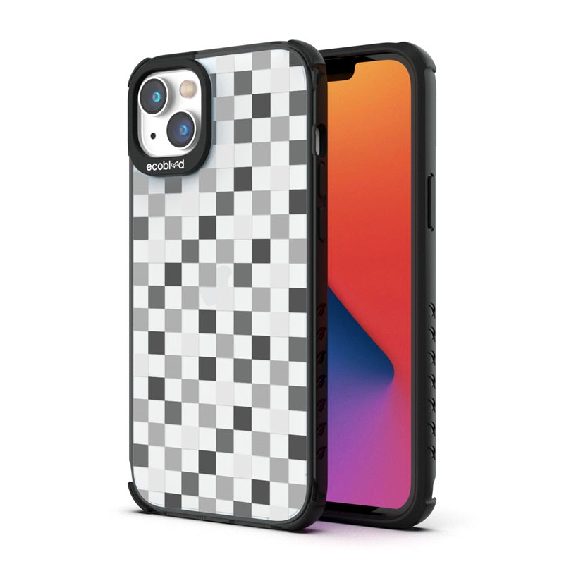Back View Of The Black iPhone 14 Laguna Case With The Checkered Print Design On A Clear Back And Front View Of The Screen
