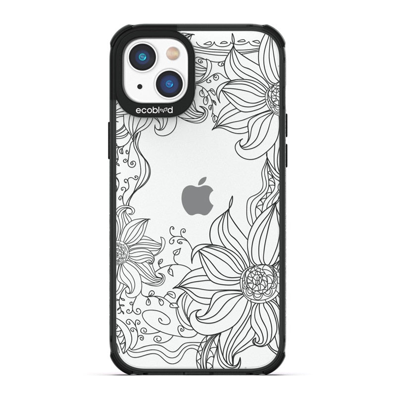 Laguna Collection - Black Eco-Friendly iPhone 14 Case With A Line Art Sunflower Stencil Print On A Clear Back - Compostable