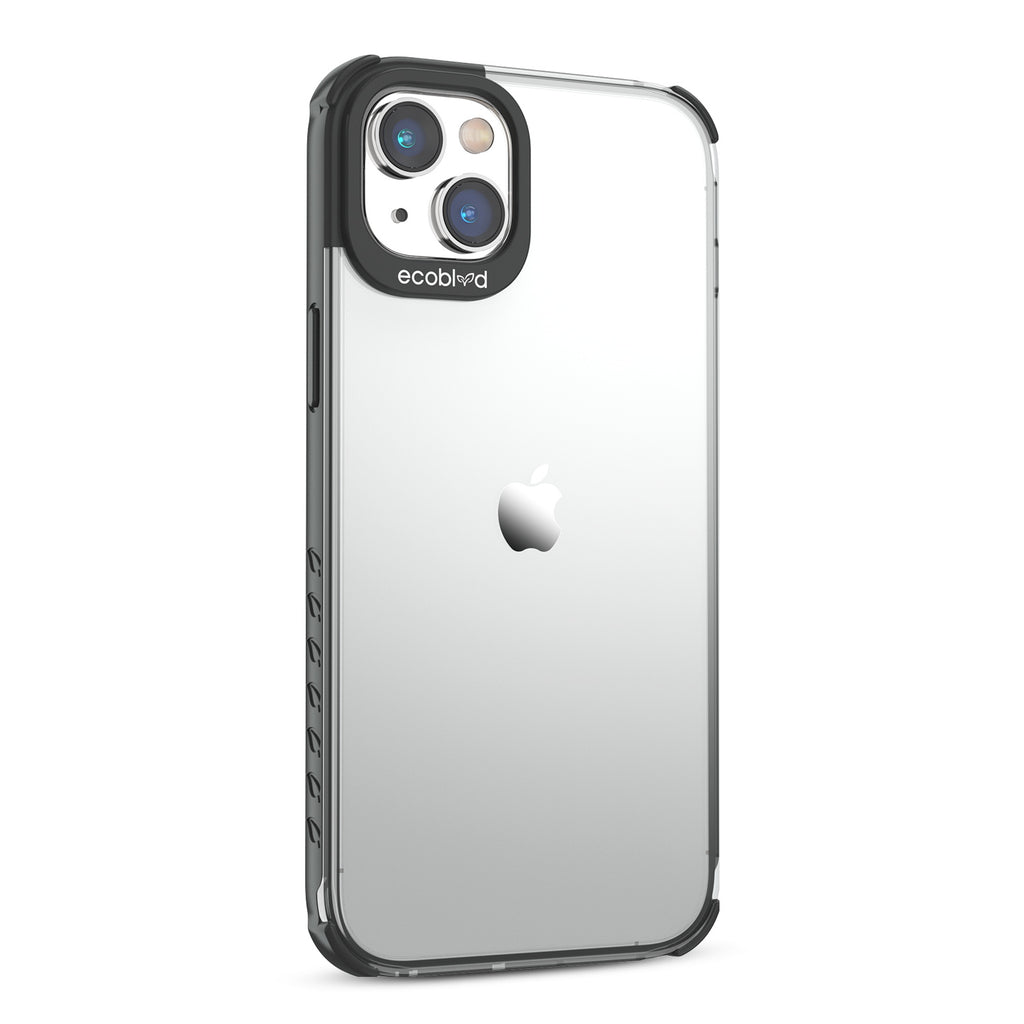 Right View Of Black Laguna Collection iPhone 14 Case With A Clear Back Showing Raised Camera Ring & Non-Slip Grip