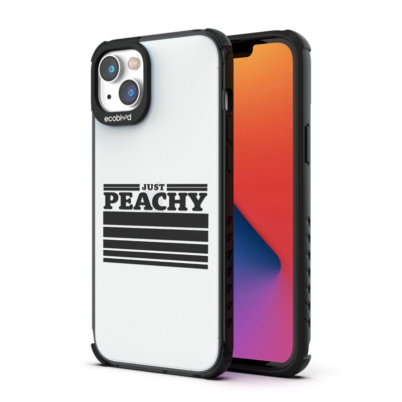 Back View Of The Black Compostable iPhone 14 Laguna Case With Just Peachy Design & Front View Of The Screen