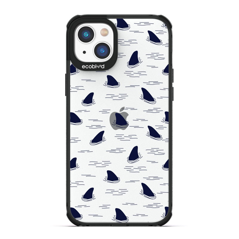 Laguna Collection - Black Eco-Friendly iPhone 14 Case With Shark Fins Peeking From Water On A Clear Back - Compostable