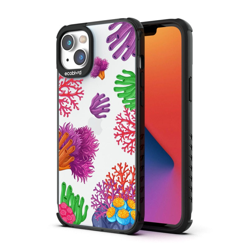 Back View Of Black Compostable iPhone 14 Laguna Case With The Coral Reef Design & Front View Of The Screen