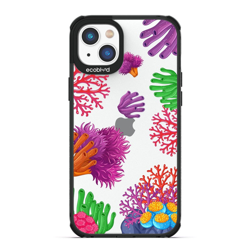 Laguna Collection - Black Eco-Friendly Apple iPhone 14 Case With A Colorful Underwater Coral Reef Pattern On A Clear Back