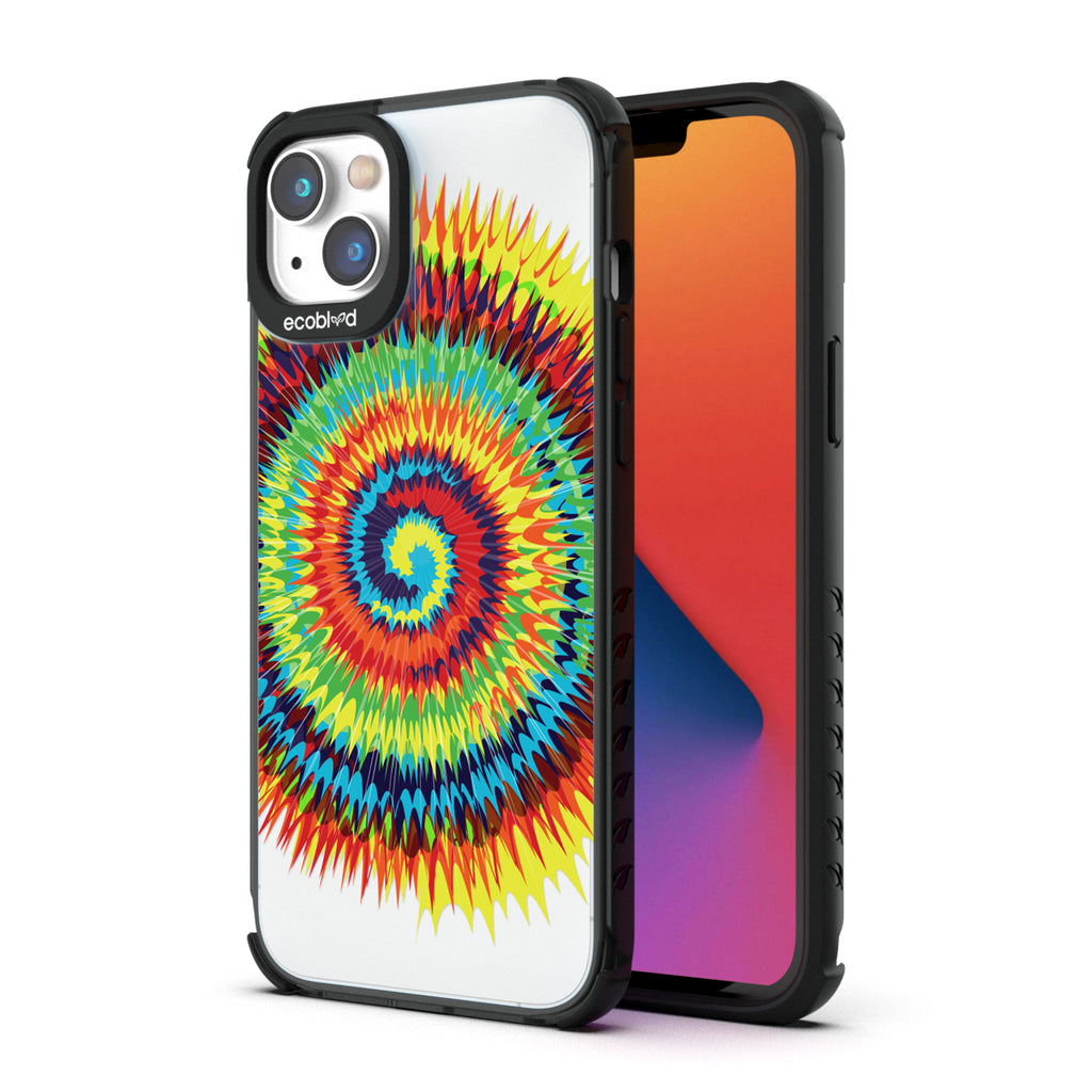 Back View Of The Black iPhone 14 Laguna Case With The Tie Dye Design On A Clear Back And Front View Of The Screen