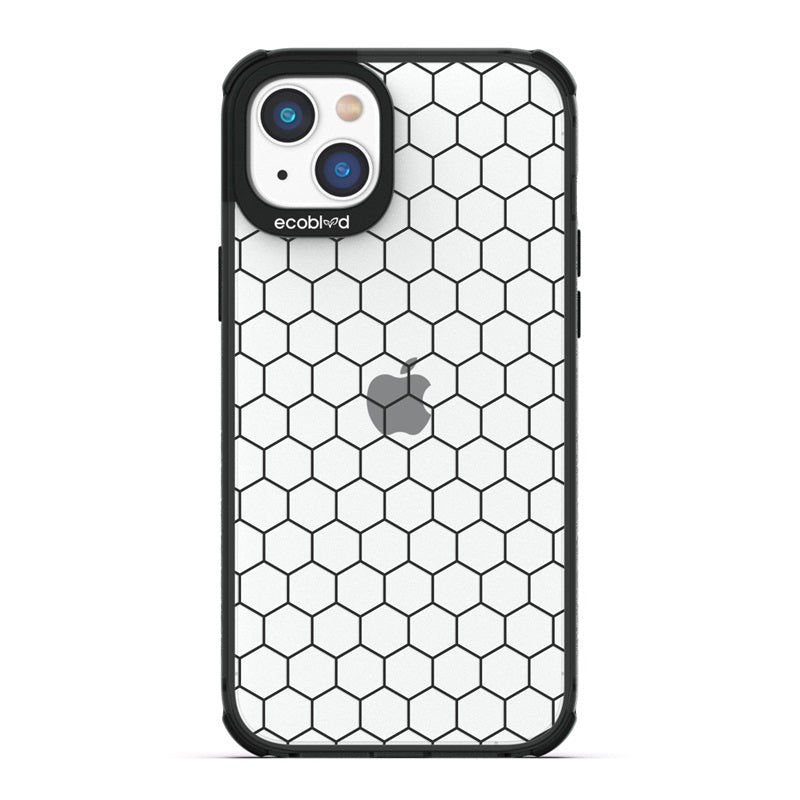Laguna Collection - Black Eco-Friendly iPhone 14 Case With A Geometric Honeycomb Pattern On A Clear Back - Compostable